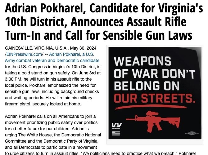 Adrian Pokharel, Candidate for Virginia’s 10th District, Turns in Assault Rifle and Calls for Sensible Gun Laws